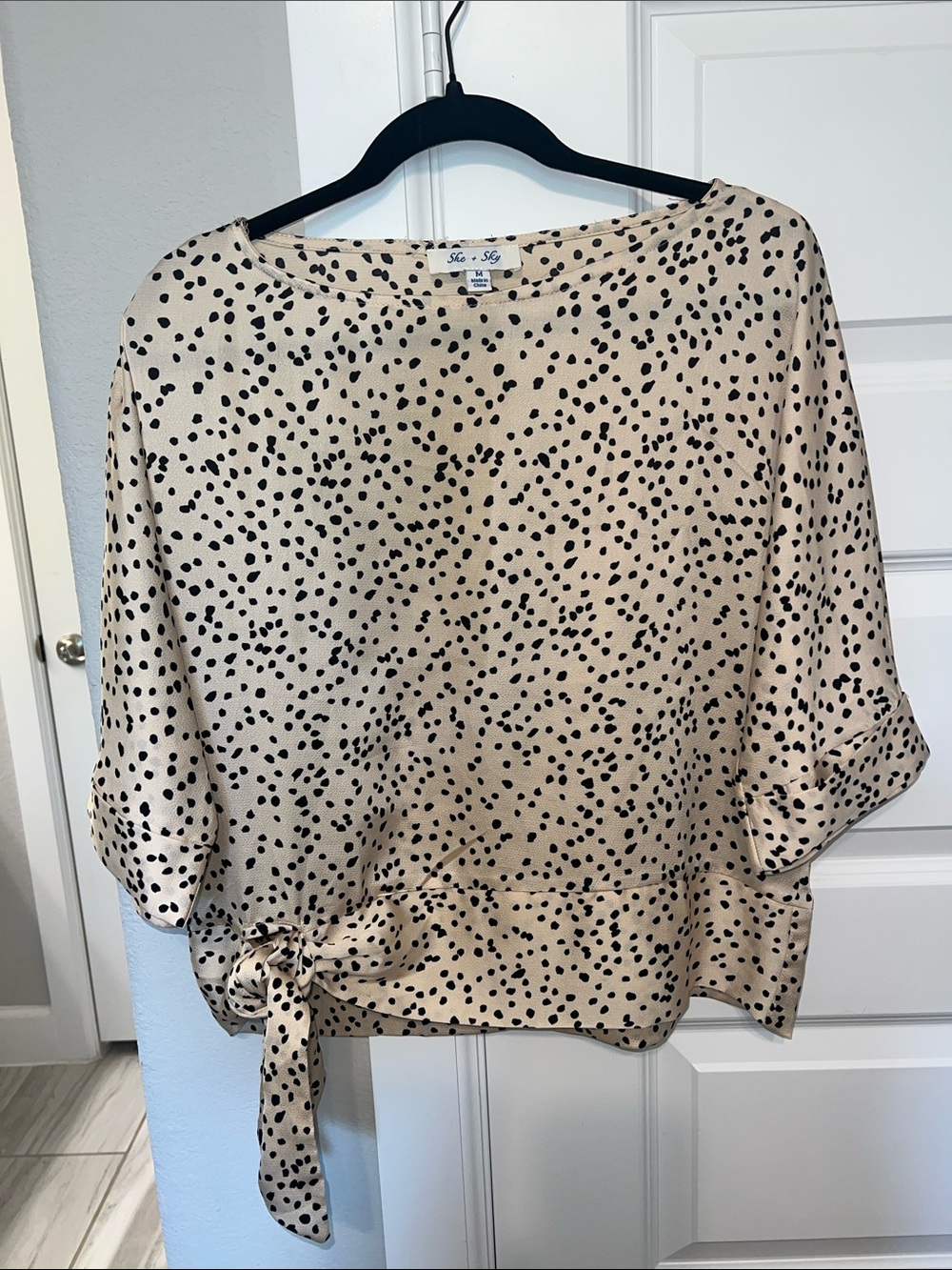 She and Sky Beige Blouse with Black Dot Tie-Hem